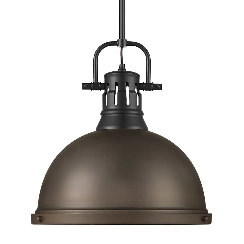 Yep by Golden Lighting Duncan 1-light 14in Rod Hung Pendant in Matte Black and Rubbed Bronze shade — Golden Lighting LED Pendant Lights  