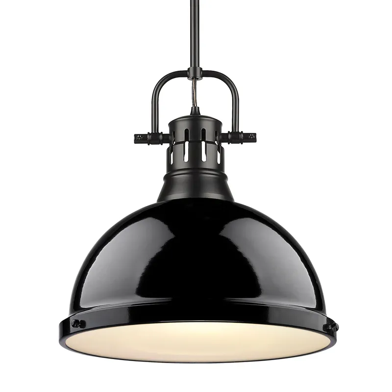 Yep by Golden Lighting Duncan 1-light 14in Rod Hung Pendant in Matte Black and Black shade — Golden Lighting LED Pendant Lights  