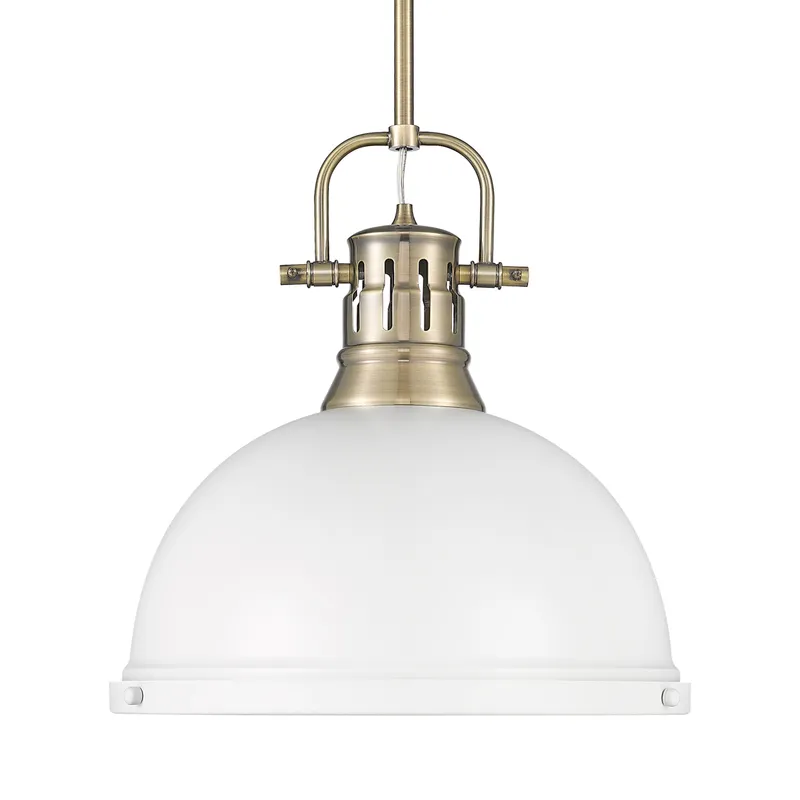 Yep by Golden Lighting Duncan 1-light 14in Rod Hung Pendant in Aged Brass and Matte White shade — Golden Lighting LED Pendant Lights  