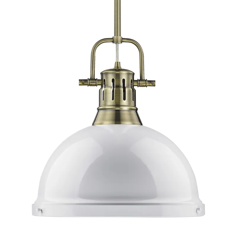 Yep by Golden Lighting Duncan 1-light 14in Rod Hung Pendant in Aged Brass and White shade — Golden Lighting LED Pendant Lights  