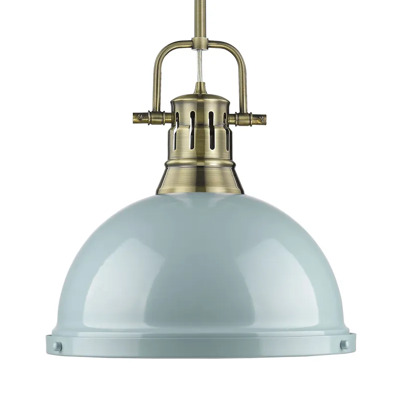 Yep by Golden Lighting Duncan 1-light 14in Rod Hung Pendant in Aged Brass and Seafoam shade — Golden Lighting LED Pendant Lights  