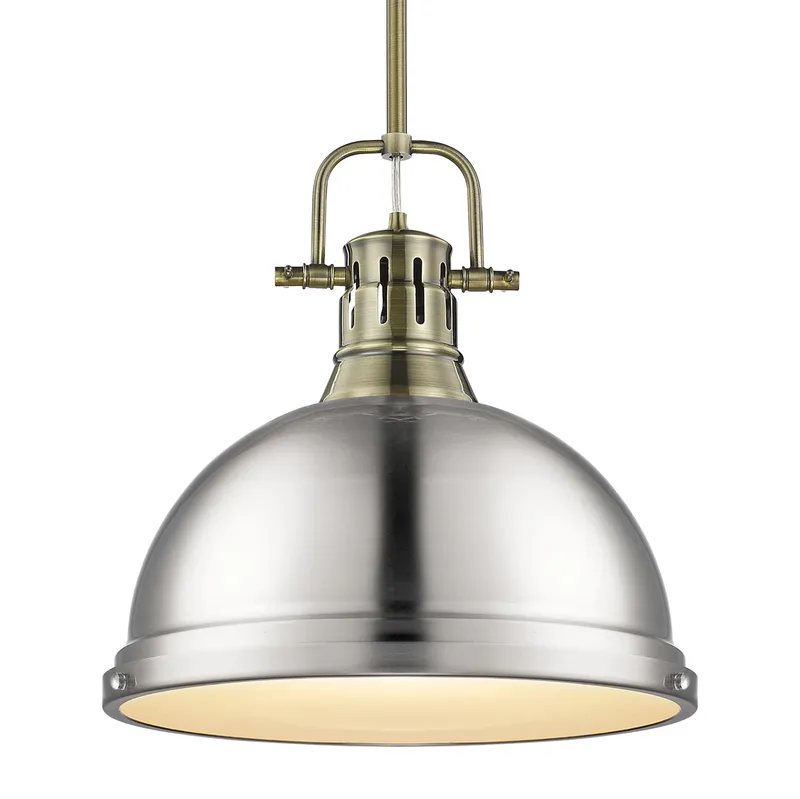 Yep by Golden Lighting Duncan 1-light 14in Rod Hung Pendant in Aged Brass and Pewter shade — Golden Lighting LED Pendant Lights  