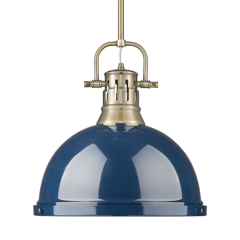 Yep by Golden Lighting Duncan 1-light 14in Rod Hung Pendant in Aged Brass and Navy Blue shade — Golden Lighting LED Pendant Lights  