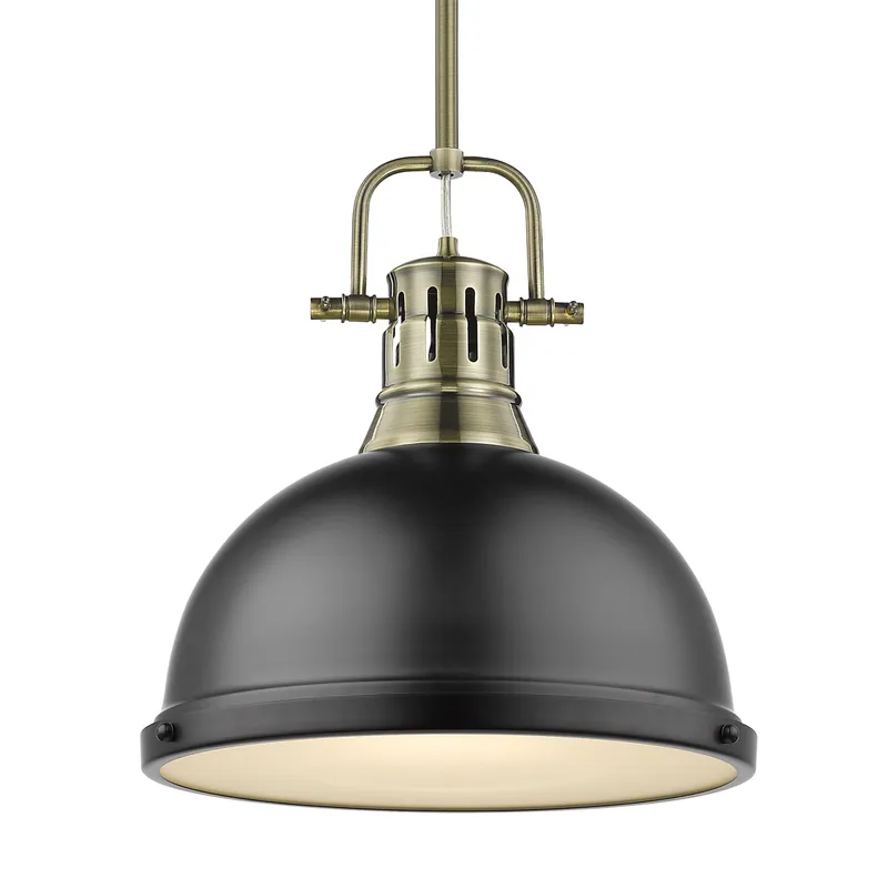 Yep by Golden Lighting Duncan 1-light 14in Rod Hung Pendant in Aged Brass and Matte Black shade — Golden Lighting LED Pendant Lights  