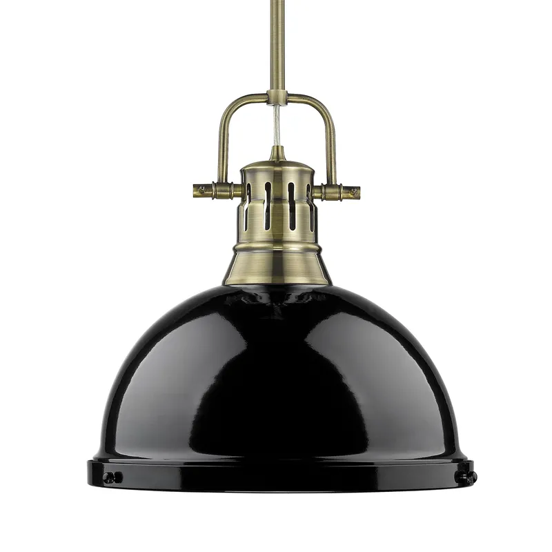 Yep by Golden Lighting Duncan 1-light 14in Rod Hung Pendant in Aged Brass and Black shade — Golden Lighting LED Pendant Lights 100.0W 