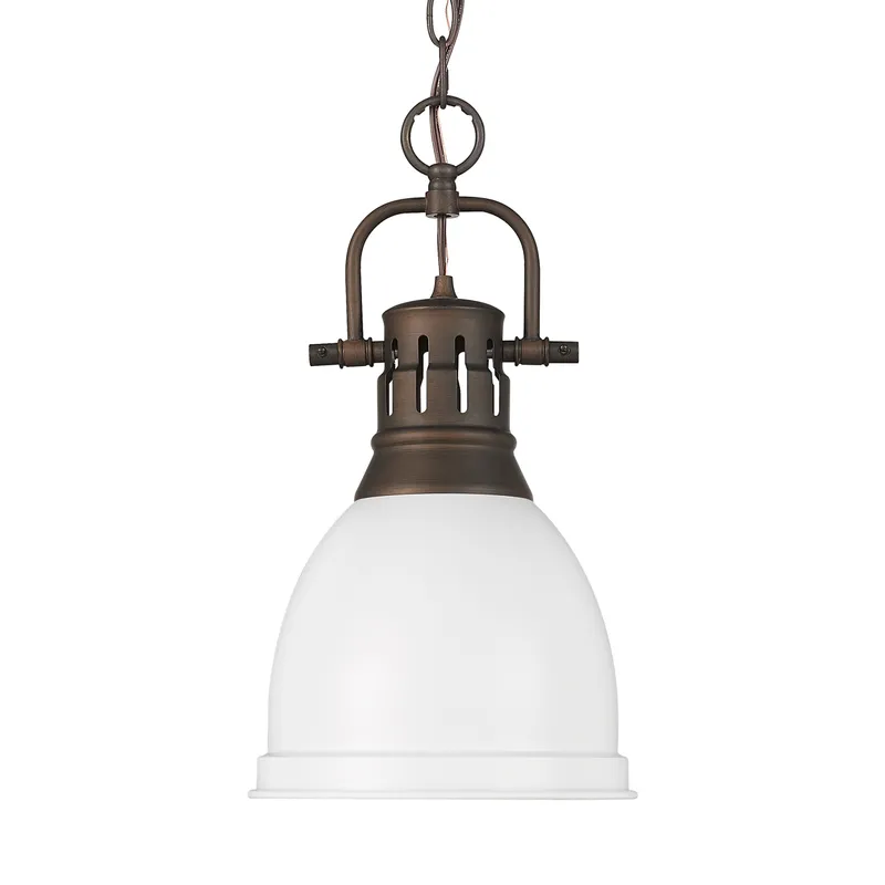 Yep by Golden Lighting Duncan 1-light 9in Chain Hung Pendant in Rubbed Bronze and Matte White shade — Golden Lighting LED Pendant Lights 100.0W 