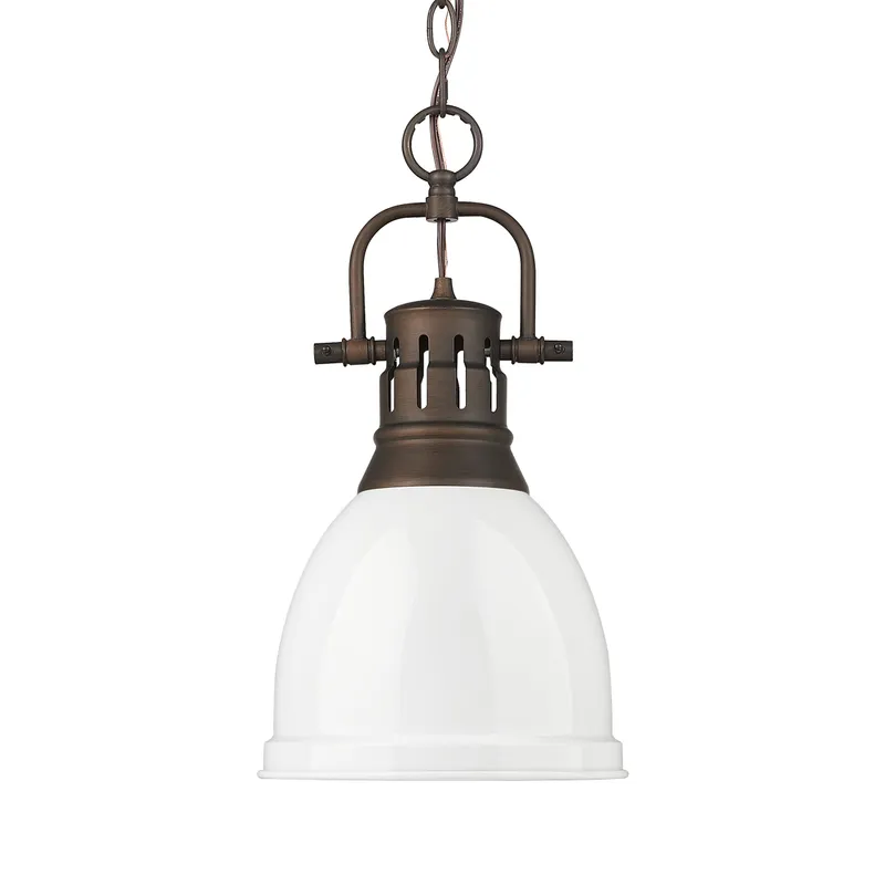 Yep by Golden Lighting Duncan 1-light 9in Chain Hung Pendant in Rubbed Bronze and White shade — Golden Lighting LED Pendant Lights  