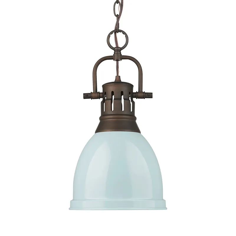Yep by Golden Lighting Duncan 1-light 9in Chain Hung Pendant in Rubbed Bronze and Seafoam shade — Golden Lighting LED Pendant Lights 100.0W 