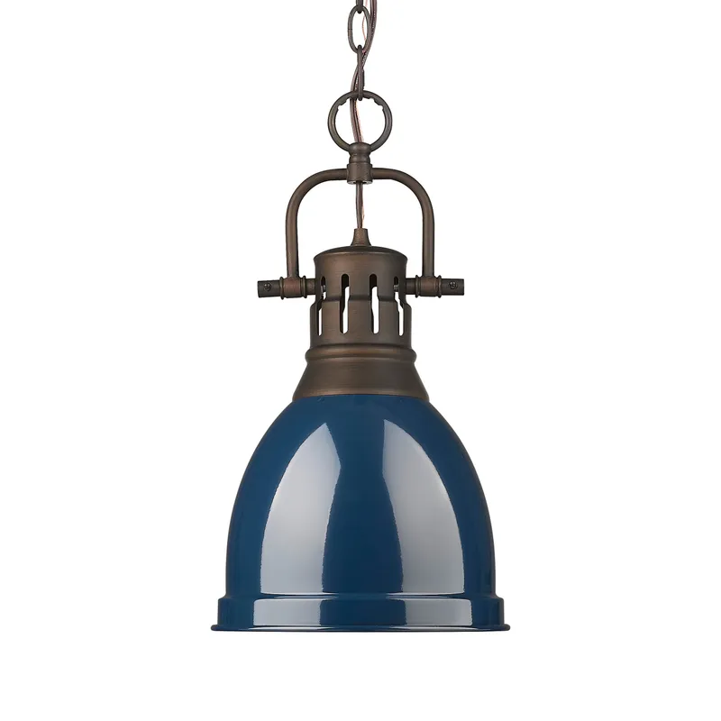 Yep by Golden Lighting Duncan 1-light 9in Chain Hung Pendant in Rubbed Bronze and Navy Blue shade — Golden Lighting LED Pendant Lights  