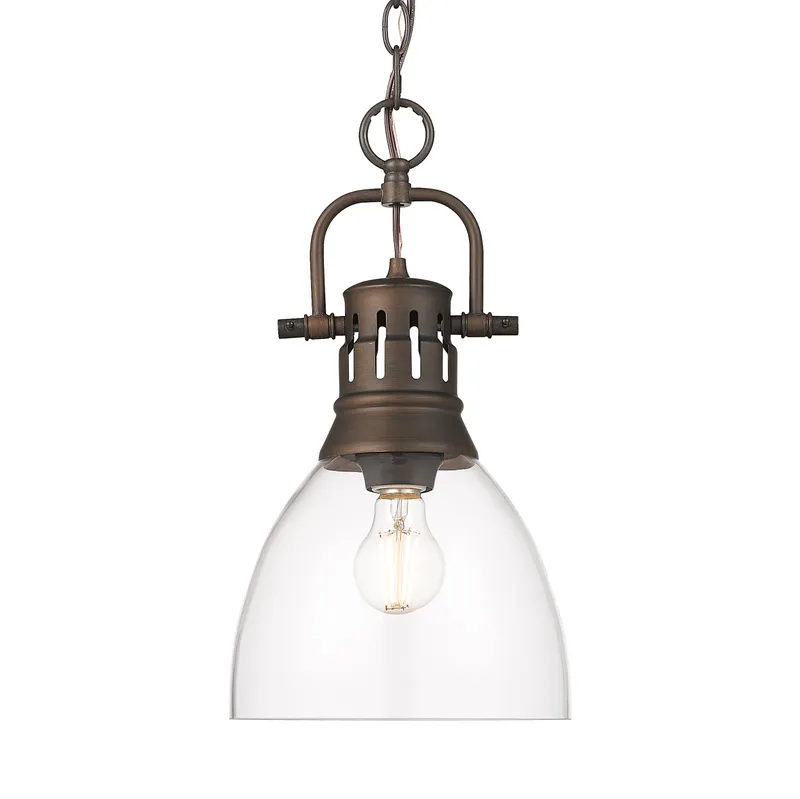 Yep by Golden Lighting Duncan 1-light 9in chain hung Pendant in Rubbed Bronze and Clear Glass — Golden Lighting LED Pendant Lights  