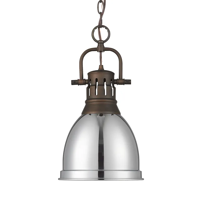 Yep by Golden Lighting Duncan 1-light 9in Chain Hung Pendant in Rubbed Bronze and Chrome shade — Golden Lighting LED Pendant Lights  