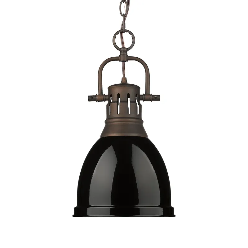 Yep by Golden Lighting Duncan 1-light 9in Chain Hung Pendant in Rubbed Bronze and Black shade — Golden Lighting LED Pendant Lights  