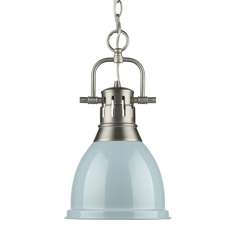 Yep by Golden Lighting Duncan 1-light 9in Chain Hung Pendant in Pewter and Seafoam shade — Golden Lighting LED Pendant Lights 100.0W 