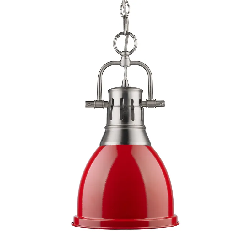 Yep by Golden Lighting Duncan 1-light 9in Chain Hung Pendant in Pewter and Red shade — Golden Lighting LED Pendant Lights  