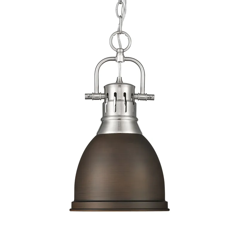 Yep by Golden Lighting Duncan 1-light 9in Chain Hung Pendant in Pewter and Rubbed Bronze shade — Golden Lighting LED Pendant Lights 100.0W 