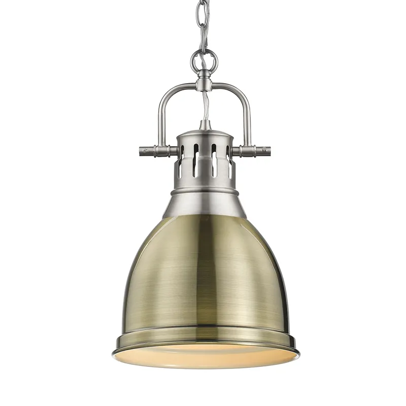 Yep by Golden Lighting Duncan 1-light 9in Chain Hung Pendant in Pewter and Aged Brass shade — Golden Lighting LED Pendant Lights  