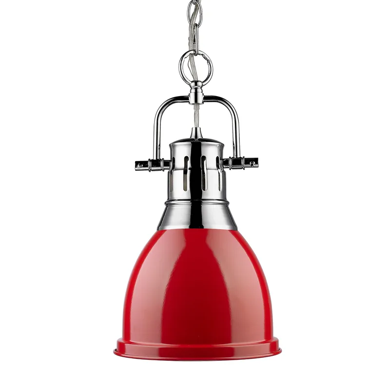 Yep by Golden Lighting Duncan 1-light 9in Chain Hung Pendant in Chrome and Red shade — Golden Lighting LED Pendant Lights 100.0W 
