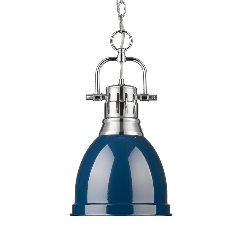 Yep by Golden Lighting Duncan 1-light 9in Chain Hung Pendant in Chrome and Navy Blue shade — Golden Lighting LED Pendant Lights  