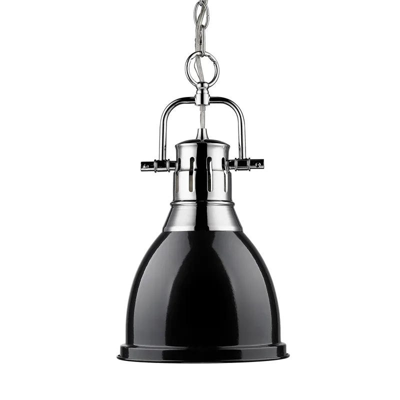 Yep by Golden Lighting Duncan 1-light 9in Chain Hung Pendant in Chrome and Black shade — Golden Lighting LED Pendant Lights  