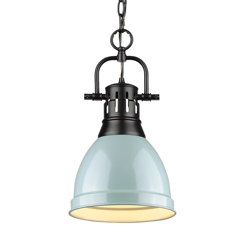 Yep by Golden Lighting Duncan 1-light 9in Chain Hung Pendant in Matte Black and Seafoam shade — Golden Lighting LED Pendant Lights  