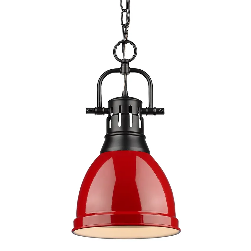 Yep by Golden Lighting Duncan 1-light 9in Chain Hung Pendant in Matte Black and Red shade — Golden Lighting LED Pendant Lights  