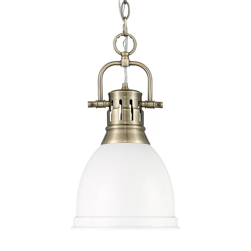 Yep by Golden Lighting Duncan 1-light 9in Chain Hung Pendant in Aged Brass and Matte White shade — Golden Lighting LED Pendant Lights  