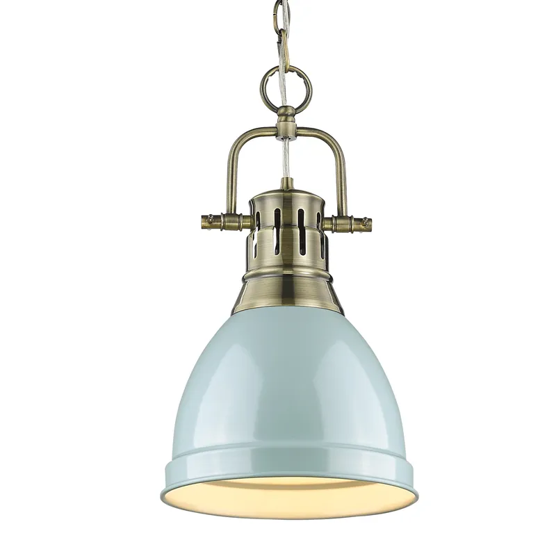 Yep by Golden Lighting Duncan 1-light 9in Chain Hung Pendant in Aged Brass and Seafoam shade — Golden Lighting LED Pendant Lights  