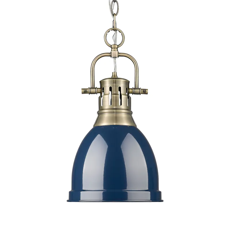 Yep by Golden Lighting Duncan 1-light 9in Chain Hung Pendant in Aged Brass and Navy Blue shade — Golden Lighting LED Pendant Lights  