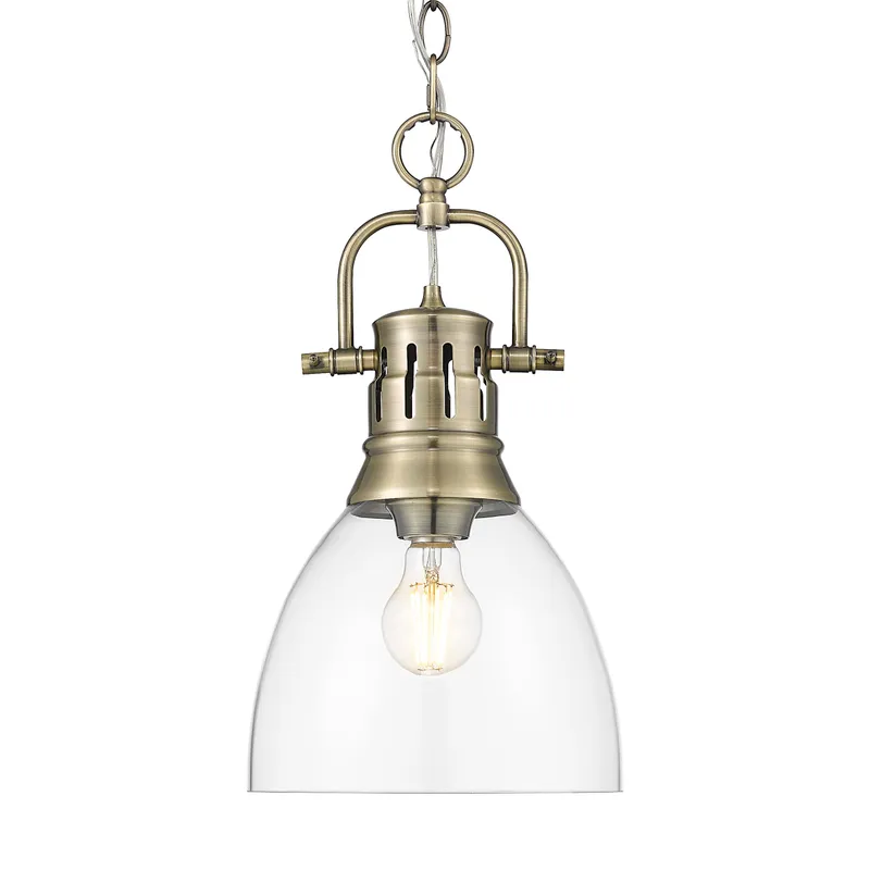 Yep by Golden Lighting Duncan 1-light 9in chain hung Pendant in Aged Brass and Clear Glass — Golden Lighting LED Pendant Lights  