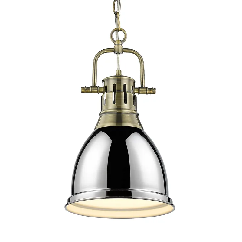 Yep by Golden Lighting Duncan 1-light 9in Chain Hung Pendant in Aged Brass and Chrome shade — Golden Lighting LED Pendant Lights  