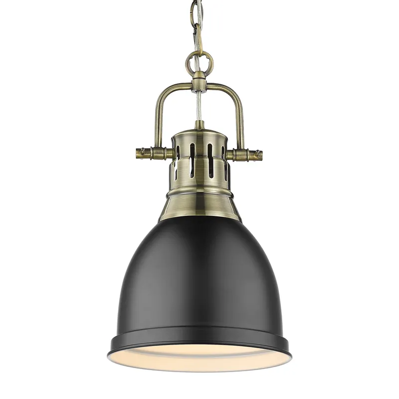 Yep by Golden Lighting Duncan 1-light 9in Chain Hung Pendant in Aged Brass and Matte Black shade — Golden Lighting LED Pendant Lights  