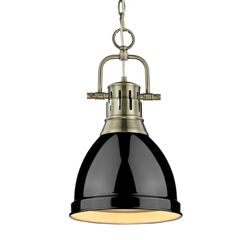 Yep by Golden Lighting Duncan 1-light 9in Chain Hung Pendant in Aged Brass and Black shade — Golden Lighting LED Pendant Lights  