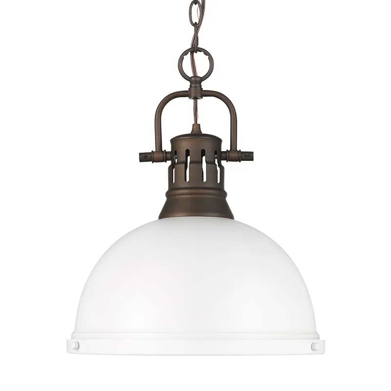 Yep by Golden Lighting Duncan 1-light 14in Chain Hung Pendant in Rubbed Bronze and Matte White shade — Golden Lighting LED Pendant Lights  