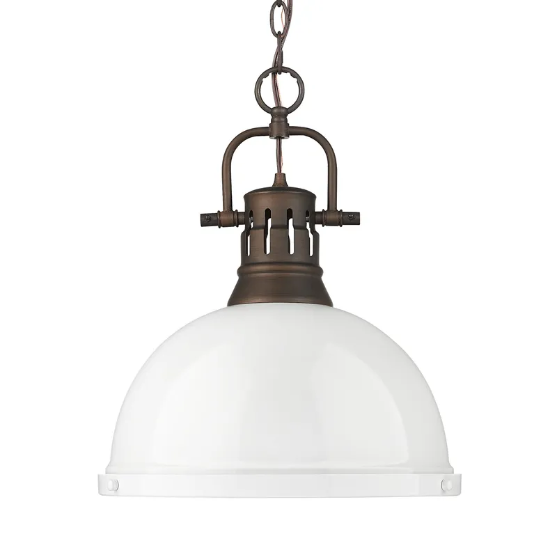Yep by Golden Lighting Duncan 1-light 14in Chain Hung Pendant in Rubbed Bronze and White shade — Golden Lighting LED Pendant Lights  