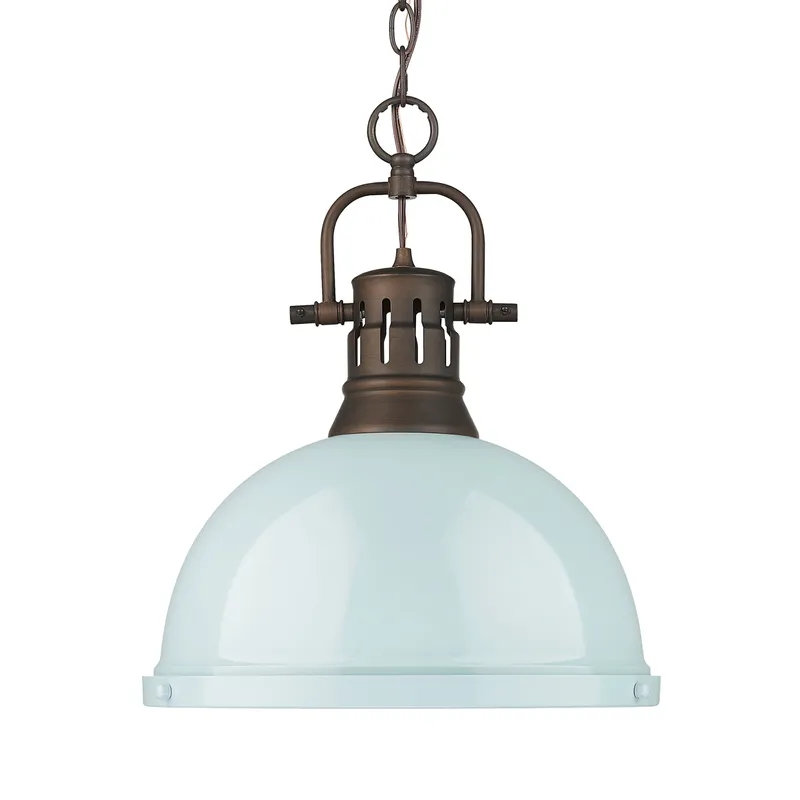 Yep by Golden Lighting Duncan 1-light 14in Chain Hung Pendant in Rubbed Bronze and Seafoam shade — Golden Lighting LED Pendant Lights  