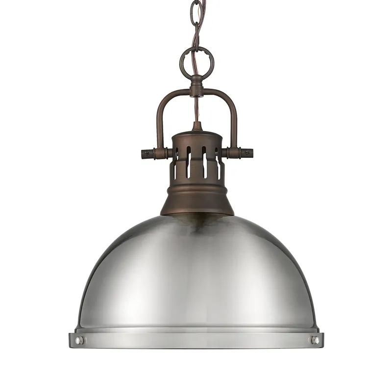 Yep by Golden Lighting Duncan 1-light 14in Chain Hung Pendant in Rubbed Bronze and Pewter shade — Golden Lighting LED Pendant Lights 100.0W 