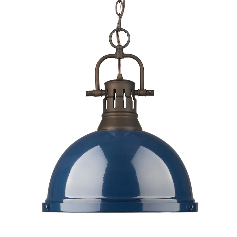 Yep by Golden Lighting Duncan 1-light 14in Chain Hung Pendant in Rubbed Bronze and Navy Blue shade — Golden Lighting LED Pendant Lights 100.0W 
