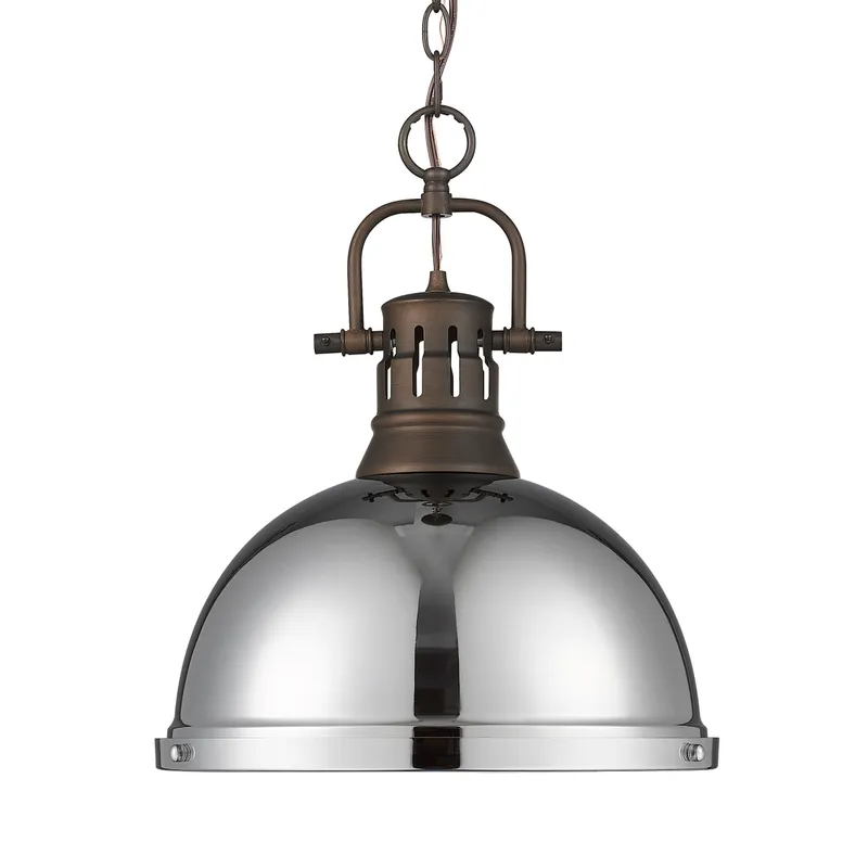 Yep by Golden Lighting Duncan 1-light 14in Chain Hung Pendant in Rubbed Bronze and Chrome shade — Golden Lighting LED Pendant Lights  