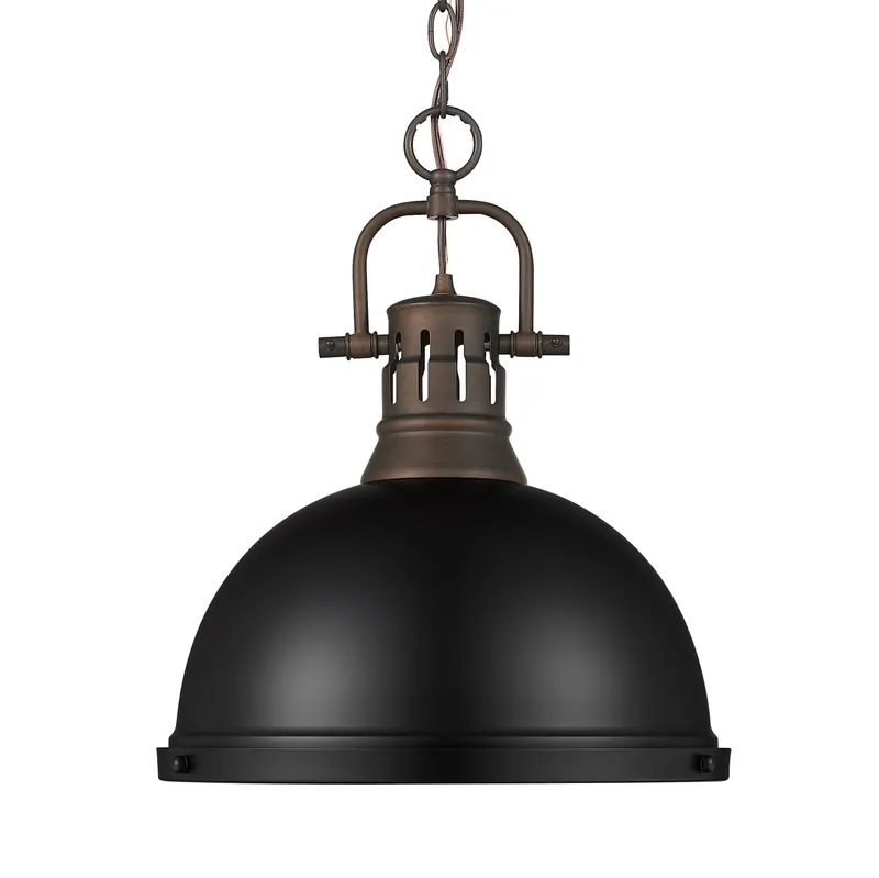 Yep by Golden Lighting Duncan 1-light 14in Chain Hung Pendant in Rubbed Bronze and Matte Black shade — Golden Lighting LED Pendant Lights  