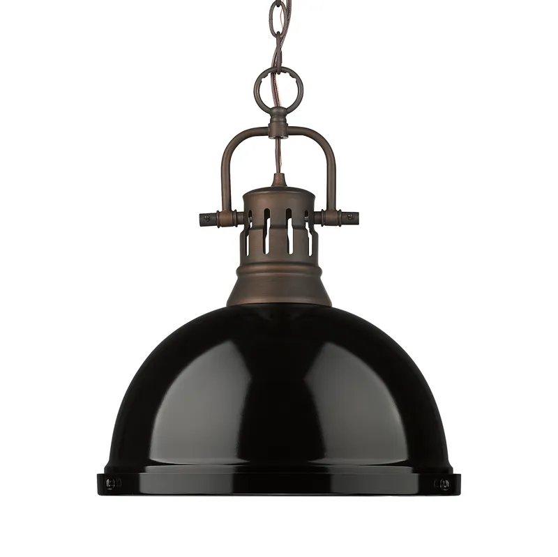 Yep by Golden Lighting Duncan 1-light 14in Chain Hung Pendant in Rubbed Bronze and Black shade — Golden Lighting LED Pendant Lights  