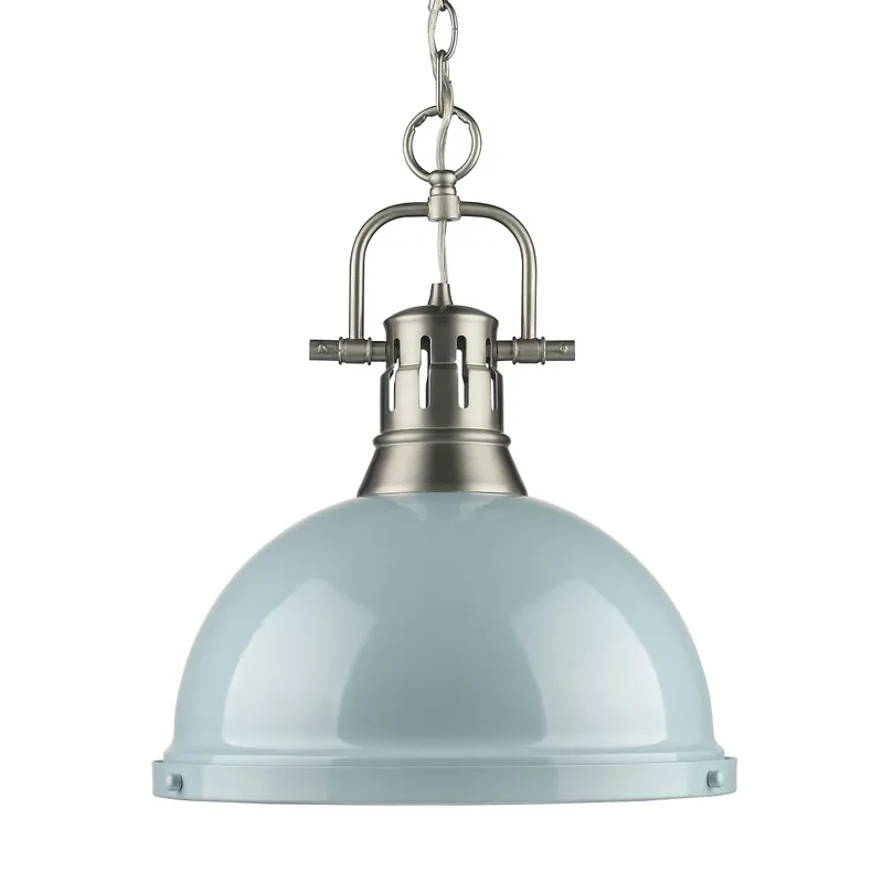 Yep by Golden Lighting Duncan 1-light 14in Chain Hung Pendant in Pewter and Seafoam shade — Golden Lighting LED Pendant Lights  