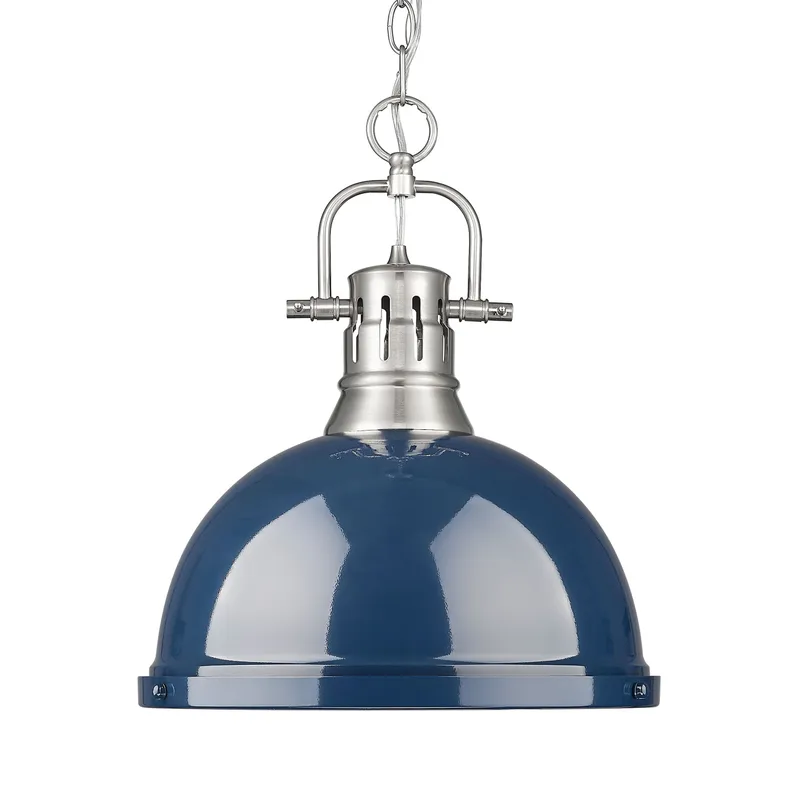 Yep by Golden Lighting Duncan 1-light 14in Chain Hung Pendant in Pewter and Navy Blue shade — Golden Lighting LED Pendant Lights  