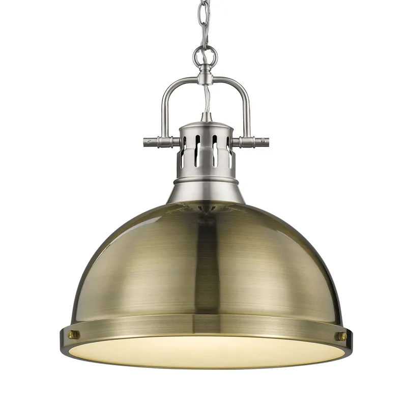 Yep by Golden Lighting Duncan 1-light 14in Chain Hung Pendant in Pewter and Aged Brass shade — Golden Lighting LED Pendant Lights 100.0W 
