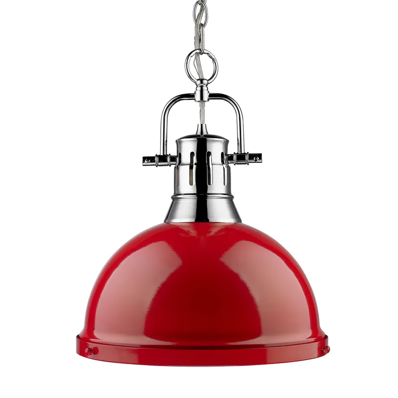 Yep by Golden Lighting Duncan 1-light 14in Chain Hung Pendant in Chrome and Red shade — Golden Lighting LED Pendant Lights  