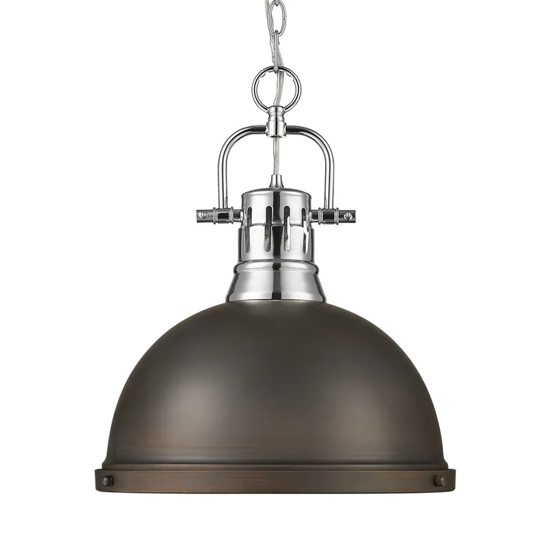 Yep by Golden Lighting Duncan 1-light 14in Chain Hung Pendant in Chrome and Rubbed Bronze shade — Golden Lighting LED Pendant Lights  