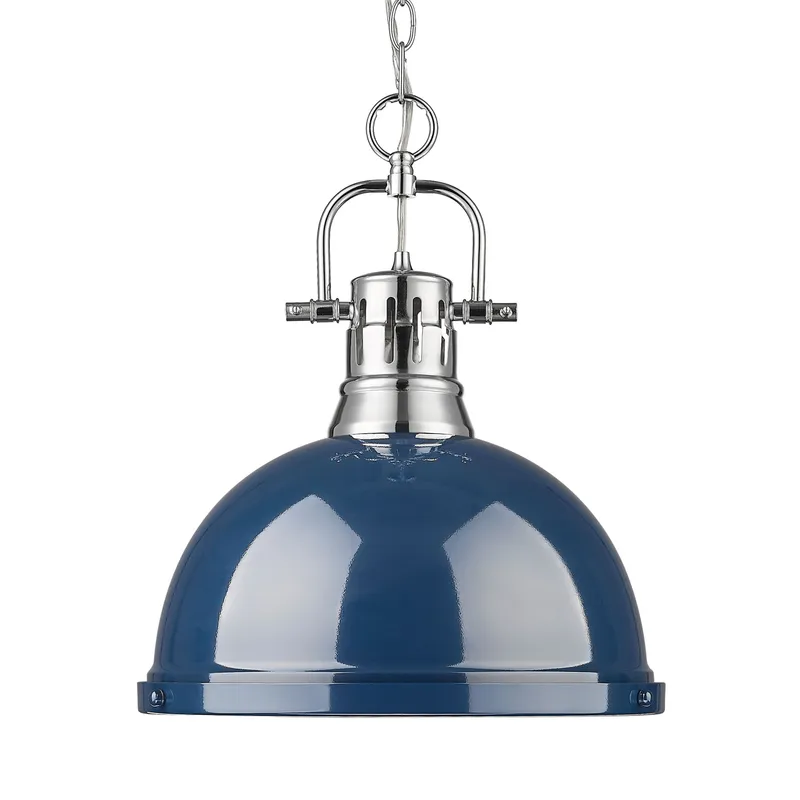 Yep by Golden Lighting Duncan 1-light 14in Chain Hung Pendant in Chrome and Navy Blue shade — Golden Lighting LED Pendant Lights 100.0W 