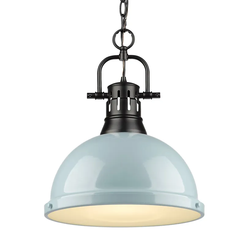 Yep by Golden Lighting Duncan 1-light 14in Chain Hung Pendant in Matte Black and Seafoam shade — Golden Lighting LED Pendant Lights  