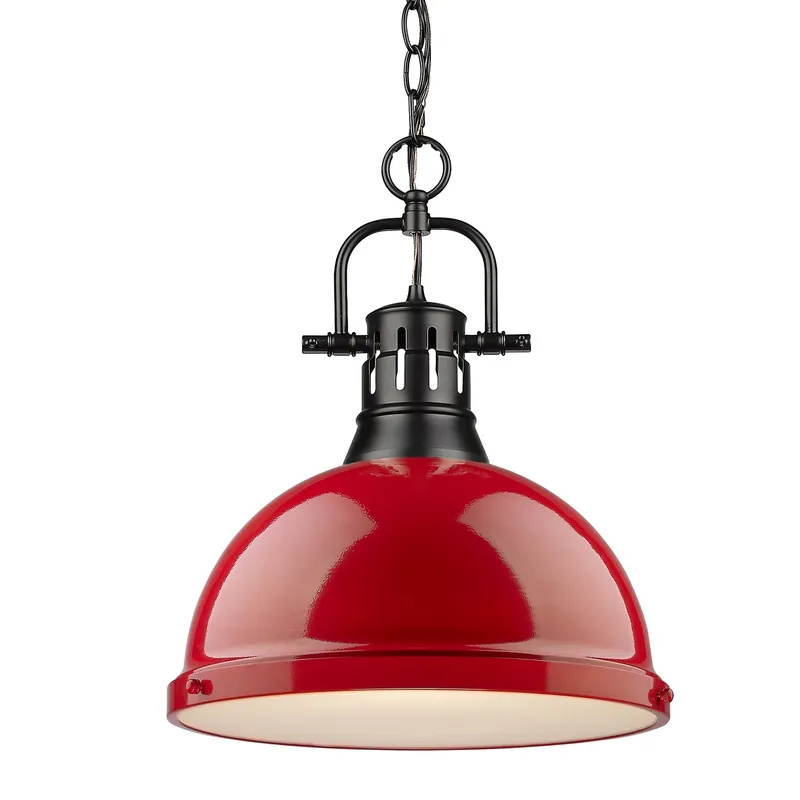 Yep by Golden Lighting Duncan 1-light 14in Chain Hung Pendant in Matte Black and Red shade — Golden Lighting LED Pendant Lights  