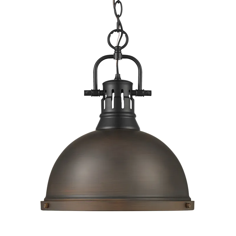 Yep by Golden Lighting Duncan 1-light 14in Chain Hung Pendant in Matte Black and Rubbed Bronze shade — Golden Lighting LED Pendant Lights  