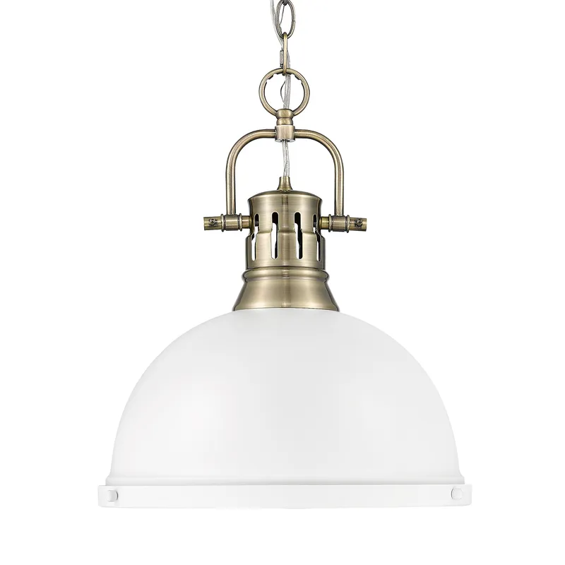 Yep by Golden Lighting Duncan 1-light 14in Chain Hung Pendant in Aged Brass and Matte White shade — Golden Lighting LED Pendant Lights  